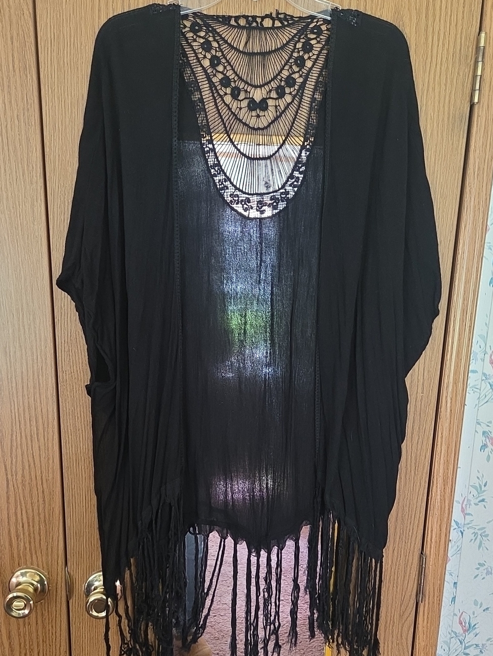 Black Fringe Open-Front Women’s Sweater with Crochet Back